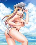  alternate_costume ass bad_id bad_pixiv_id beach bikini bismarck_(kantai_collection) blonde_hair blue_eyes breasts day from_side grey_bikini groin hair_between_eyes hat kantai_collection large_breasts long_hair muramura ocean open_mouth outdoors peaked_cap side-tie_bikini sideboob solo stomach swimsuit thighs underboob 