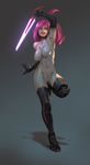  arm_up biting black_gloves bodysuit breasts cyborg elbow_gloves full_body gloves glowing glowing_sword glowing_weapon gui_guimaraes latex lip_biting lips long_hair mechanical_legs medium_breasts nose original pink_hair prosthesis prosthetic_leg robot_joints running solo sword weapon 