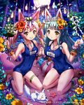  animal_ears anklet aqua_hair ball barefoot beach bell breasts brown_eyes cleavage covered_navel crab flower grin hair_flower hair_ornament hairband hibiscus holding_hands jewelry jingle_bell kagura_suzu kitsune kneeling large_breasts long_hair moon multiple_girls name_tag night ocean old_school_swimsuit one-piece_swimsuit pink_hair pout sakiyamama school_swimsuit shide small_breasts smile swimsuit tenkuu_no_crystalia twintails 