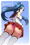  arms_behind_back ass blue_eyes blue_hair breasts detached_sleeves from_below hair_ribbon isuzu_(kantai_collection) kantai_collection long_hair looking_at_viewer medium_breasts muramura panties pantyshot pantyshot_(standing) pink_panties pleated_skirt ribbon school_uniform serafuku skirt smile solo standing thighs twintails underwear white_legwear 