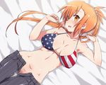  american_flag_bikini arms_up bikini blonde_hair blush breasts cleavage denim flag_print jeans kita_hiroyume kounosu_satori kurama-chan_ni_guitte_shitara_pisha_tte_sareta large_breasts long_hair lying navel on_back open_mouth orange_eyes orange_hair pants ponytail pubic_hair smile solo sweat swimsuit unzipped 