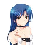  blue_hair brown_eyes collarbone idolmaster idolmaster_(classic) kisaragi_chihaya kyo-second long_hair simple_background solo strapless white_background 