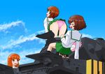  ahoge akiyama_yukari anglerfish animal_print ass back-print_panties bear_panties bear_print bent_over black_hair black_legwear blush brown_eyes brown_hair cameltoe closed_eyes cloud cloudy_sky commentary day embarrassed from_behind girls_und_panzer green_skirt ground_vehicle hairband isuzu_hana long_hair looking_at_another looking_back military military_vehicle miniskirt motor_vehicle multiple_girls nishizumi_miho ooarai_school_uniform open_mouth orange_eyes orange_hair out_of_frame panties pantyshot pantyshot_(standing) panzerkampfwagen_iv pink_panties pleated_skirt print_panties reizei_mako school_uniform serafuku short_hair skirt sky smile socks standing takebe_saori tank underwear upskirt yamucya01 yuri 