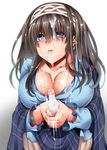  black_hair blue_eyes blush breasts cleavage collarbone hairband idolmaster idolmaster_cinderella_girls large_breasts long_hair long_sleeves looking_at_viewer nohito sagisawa_fumika shawl solo suggestive_fluid tears 