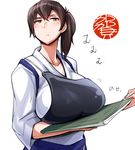  artist_name breast_rest breasts brown_hair carried_breast_rest character_name collarbone folder huge_breasts japanese_clothes kaga_(kantai_collection) kantai_collection kimono mumumu_(three_emu) muneate side_ponytail simple_background solo white_background yellow_eyes 