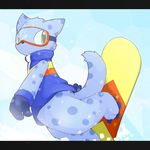  anthro blue_fur blue_nose blush clothing eyewear feline fur goggles jacket leopard looking_back mammal ollie pop&#039;n_music snow snow_leopard snowboard solo しろくろいの 