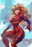  :d alternate_breast_size artist_name bangs blue_eyes bodysuit bokuman bracer breasts character_name cloud covered_navel curvy day eva_02 from_side gloves hair_between_eyes hair_ornament hips large_breasts long_hair looking_at_viewer mecha neon_genesis_evangelion open_mouth orange_hair outdoors pilot_suit plugsuit shiny shiny_clothes skin_tight sky smile souryuu_asuka_langley thighs turtleneck wavy_hair 