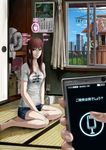  android brown_hair calendar_(object) cellphone charging clothes_pin computer denim denim_shorts drying drying_clothes highres jittsu laundry long_hair looking_at_viewer mecha_musume original phone pov power_supply room shirt shorts sitting smartphone socks_removed t-shirt tatami translation_request window 