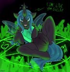 2015 black_body blue_hair changeling corset dialogue english_text female friendship_is_magic green_eyes hair horn looking_at_viewer my_little_pony presenting pussy queen_chrysalis_(mlp) skoon smile solo text wings 
