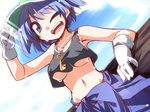  adjusting_clothes adjusting_hat blue_eyes blue_hair breasts clothes_around_waist collarbone crop_top gloves hat hemogurobin_a1c jewelry kawashiro_nitori key medium_breasts midriff navel necklace no_bra one_eye_closed open_mouth shirt_around_waist smile solo sweat touhou two_side_up underboob white_gloves 