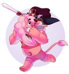  alien blush chubby connie eye_patch eyewear feline female fluffy fusion gem human lion lion_(steven_universe) male mammal melee_weapon pawpads piggyback silentazrael smile solo star steven steven_universe sword weapon 