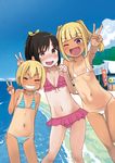  :d ;d alexa_mahone bangs beach bikini bikini_skirt black_hair blonde_hair blue_bikini blunt_bangs blush brown_eyes closed_eyes cloud day fang flat_chest girl_sandwich grin hair_ribbon long_hair looking_at_viewer micro_bikini multiple_girls navel ocean one-piece_tan one_eye_closed open_mouth original outdoors pink_bikini ponytail ribbon sandwiched short_hair side-tie_bikini sky smile striped striped_bikini swimsuit tan tanline twintails v water wavy_mouth white_bikini 