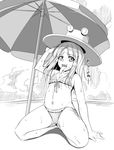  beach_umbrella bikini flat_chest frilled_bikini frills greyscale hair_tubes hat kneeling long_tongue monochrome moriya_suwako nakajou navel open_mouth pyonta short_hair smile solo sweat swimsuit tongue tongue_out touhou translated umbrella 