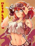  adjusting_clothes adjusting_hat bandaid bandaid_on_face bangle baseball_cap bracelet breasts brown_hair crop_top crop_top_overhang dog_tags fio_germi glasses gloves green_eyes hands hat jewelry large_breasts metal_slug midriff navel open_clothes open_vest outline palms pinky_out poch4n rimless_eyewear round_eyewear single_glove snk solo toned upper_body vest wrench wristband 