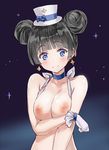  black_hair blue_eyes blush breasts choker cleavage double_bun gloves hair_up hat houkago_no_pleiades itsuki_(houkago_no_pleiades) large_breasts namuya nipples sky smile solo star 