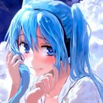  blue_eyes blue_hair blue_nails blush bob_(biyonbiyon) cloud day face hair_between_eyes hatsune_miku headset long_hair looking_at_viewer nail_polish portrait solo twintails vocaloid 