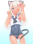  animal_ears blonde_hair blue_eyes cat_ears cat_tail flower hair_flower hair_ornament kantai_collection kemonomimi_mode long_hair neckerchief no_pants one-piece_swimsuit one_eye_closed open_mouth paw_pose ro-500_(kantai_collection) sakurea school_swimsuit school_uniform serafuku smile solo swimsuit swimsuit_under_clothes tail tan 