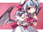  ascot bat_wings blue_hair brooch dress grin hat hemogurobin_a1c jewelry looking_at_viewer mob_cap pink_eyes pointy_ears remilia_scarlet sash smile solo touhou white_dress wings wrist_cuffs 