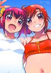  blue_sky breasts dated fangs grin hair_ribbon hino_akane_(smile_precure!) hoshizora_miyuki hug inoue_sora long_hair midriff multiple_girls navel one-piece_swimsuit open_mouth pink_eyes pink_hair ponytail precure red_eyes red_hair ribbon signature sky small_breasts smile smile_precure! swimsuit tankini v white_swimsuit 