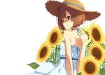  back bad_id bad_pixiv_id bangs bare_shoulders blunt_bangs bob_cut breasts brown_eyes brown_hair commentary_request dress flower from_behind hat kinta_(distortion) looking_at_viewer looking_back original short_hair small_breasts smile solo straw_hat sundress sunflower white_dress 