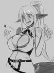  animal_ears belt blush breasts bursting_breasts centaur centorea_shianus cleavage embarrassed greyscale horse_ears huge_breasts long_hair monochrome monster_girl monster_musume_no_iru_nichijou pointy_ears ponytail popped_button sketch skirt sleeveless solo upper_body whistle_frog 