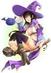  black_hair blue_eyes boots breasts broom broom_riding capelet cleavage detached_sleeves hat jh large_breasts long_hair original panties pantyshot sidesaddle single_thighhigh slime solo thighhighs underwear wings witch witch_hat 