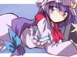  book capelet crescent dress hat hemogurobin_a1c long_hair long_sleeves low-tied_long_hair lying mob_cap on_stomach patchouli_knowledge purple_dress purple_eyes purple_hair solo touhou very_long_hair wide_sleeves 
