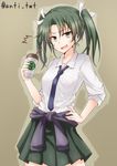  1girl alternate_costume anti_(untea9) brown_background clothes_around_waist coffee_cup commentary_request cup disposable_cup drinking_straw error_musume furrowed_eyebrows green_hair kantai_collection necktie open_mouth school_uniform shirt simple_background skirt sleeves_pushed_up solo sweat sweater_around_waist twintails twitter_username white_shirt zuikaku_(kantai_collection) 
