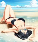  barefoot battleship beach bikini black_eyes black_hair breasts breasts_apart cloud day glasses green-framed_eyewear highres kama_iruka kantai_collection kirishima_(battleship) kirishima_(kantai_collection) long_legs looking_at_viewer lying military military_vehicle navel on_back open_mouth outdoors parted_lips partially_submerged ship short_hair sky smile solo swimsuit thigh_gap warship watercraft 