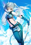  aqua_eyes bad_id bad_pixiv_id belt blue_gloves blush braid breasts cloud day dragon gloves long_hair looking_at_viewer medium_breasts original pants signature silver_hair sky solo sukja sword twin_braids weapon 