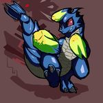  2014 ambiguous_gender blue_scales brachydios brute_wyvern capcom chibi claws cute elkcip145 feral green_scales monster_hunter raised_leg red_eyes scalie smile solo teeth toe_claws video_games white_scales 