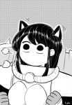 1girl =3 animal_ears armor blush cat_ears commentary crossover ear_wiggle english_commentary gloves greyscale halftone komi-san_wa_komyushou_desu long_hair lutherniel monochrome no_mouth outline signature sister_of_battle solo upper_body warhammer_40k white_outline wide-eyed 