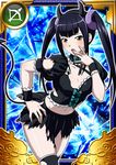  black_hair black_legwear black_skirt breasts card_(medium) cleavage covering_mouth demon_horns demon_tail hair_ornament hairband hand_on_hip hand_over_own_mouth horns ikkitousen long_hair looking_at_viewer midriff navel pleated_skirt saji_genpou_(true) shiny shiny_skin skirt small_breasts solo tail thighhighs torn_clothes torn_legwear torn_skirt twintails yellow_eyes 