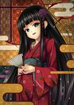  absurdres bangs black_hair blunt_bangs commentary_request fan flower folding_fan green_eyes hair_flower hair_ornament highres japanese_clothes jk-ff kimono long_hair looking_at_viewer nail_polish obi open_mouth original sash smile solo very_long_hair 