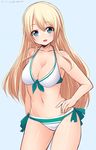  akky_(akimi1127) atago_(kantai_collection) bikini blonde_hair blue_background blue_eyes blush breasts dated hand_on_hip highres kantai_collection large_breasts long_hair looking_at_viewer simple_background sketch smile solo swimsuit twitter_username 
