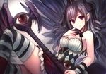  argyle bare_shoulders bird_wings black_wings demon_horns drill_hair earrings eyeball finger_to_mouth grey_hair horns idolmaster idolmaster_cinderella_girls jewelry kamanatsu kanzaki_ranko light_smile long_hair looking_at_viewer pointy_ears red_eyes solo staff striped striped_legwear twin_drills wings 