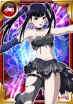  armpits asymmetrical_legwear asymmetrical_sleeves bare_shoulders black_hair black_legwear black_skirt breasts card_(medium) cleavage detached_sleeves earrings hair_ornament ikkitousen jewelry long_hair looking_at_viewer medium_breasts navel saji_genpou_(true) shiny shiny_skin sideboob skirt solo strapless thighhighs torn_clothes torn_legwear torn_skirt twintails yellow_eyes 