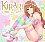  :3 bossan-chan bow bra bracelet brown_hair character_name frilled_bra frills hair_bow hand_on_own_cheek high_heels idolmaster idolmaster_cinderella_girls jewelry knees_to_chest long_hair moroboshi_kirari multicolored multicolored_clothes multicolored_legwear multicolored_stripes panties pink_bra pink_panties red_eyes solo striped thighhighs underwear underwear_only 