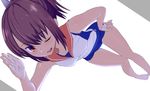  ;d bare_legs barefoot brown_eyes brown_hair contrapposto dutch_angle foreshortening hand_on_hip i-401_(kantai_collection) ishikkoro kantai_collection one_eye_closed open_mouth ponytail sailor_collar school_swimsuit short_hair smile solo standing swimsuit swimsuit_under_clothes 
