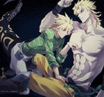  ankai_(rappelzankai) blonde_hair claws diego_brando dio_brando gloves green_shirt jojo_no_kimyou_na_bouken male_focus multiple_boys red_eyes scary_monsters_(stand) shirt stand_(jojo) steel_ball_run tail 