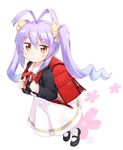  antenna_hair backpack bag blush full_body hair_ribbon kito_(sorahate) long_hair looking_at_viewer mary_janes miyauchi_renge non_non_biyori purple_hair randoseru red_eyes ribbon school_uniform scrunchie shoes simple_background skirt solo twintails white_background white_legwear 