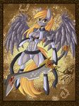  2015 anthro blonde_hair breasts clothed clothing derpy_hooves_(mlp) equine feathers female friendship_is_magic fur grey_feathers grey_fur grey_skin hair looking_at_viewer mammal melee_weapon my_little_pony pegasus raptor007 skimpy smile solo sword weapon wings yellow_eyes yellow_fur 