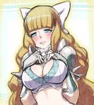  armor blonde_hair blue_eyes blush bow breast_suppress breasts charlotte_(fire_emblem_if) cleavage fire_emblem fire_emblem_if large_breasts long_hair parted_lips pauldrons smile solo spikes vambraces wakai_hiroshi 
