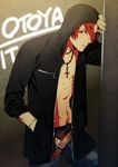  artist_request belt bracelet character_name cross cross_necklace hand_in_pocket highres hood hoodie ittoki_otoya jacket jewelry male_focus navel necklace open_clothes open_jacket red_eyes red_hair solo uta_no_prince-sama 