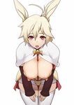  animal_ears between_breasts blonde_hair breasts breasts_outside bunny_ears capelet cleavage detached_sleeves large_breasts long_sleeves looking_at_viewer nachetanya_loei_piena_augustra nipples nishiumi_rin no_bra open_clothes open_mouth open_shirt red_eyes rokka_no_yuusha shibari shibari_under_clothes shirt simple_background skirt solo thighhighs white_background white_legwear 