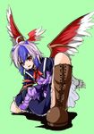  ahoge bird_wings blue_hair boots capelet cross-laced_footwear foreshortening head_wings horns long_sleeves open_mouth pink_eyes sash shirt silver_hair skirt smile solo tokiko_(touhou) touhou wings yozuki_shokora 