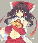  2015 ascot asymmetrical_hair blush bow brown_eyes brown_hair dated detached_sleeves grey_background hair_bow hair_ornament hair_ribbon hair_tubes hakurei_reimu iroyopon japanese_clothes long_sleeves looking_to_the_side midriff miko navel ribbon shirt signature simple_background skirt smile solo touhou upper_body wide_sleeves 
