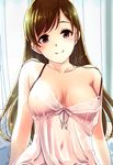  bangs blush bow breasts brown_eyes brown_hair chemise cleavage collarbone covered_nipples gustav_(telomere_na) head_tilt idolmaster idolmaster_cinderella_girls lace light_smile lingerie long_hair looking_at_viewer medium_breasts navel negligee nightgown nitta_minami see-through shiny shiny_skin smile solo spaghetti_strap strap_slip swept_bangs tareme underwear 