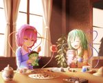  aletto-mikan checkerboard_cookie closed_eyes cookie cup curtains doll food green_hair hairband hat heart heart_of_string holding_needle indoors komeiji_koishi komeiji_satori multiple_girls needle open_mouth pincushion pink_hair scissors sewing_needle short_hair siblings sisters smile spool tea_set teacup third_eye touhou wallpaper_(object) window 