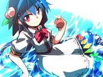  blue_hair bow food fruit hat hemogurobin_a1c hinanawi_tenshi long_hair partially_submerged peach puffy_short_sleeves puffy_sleeves red_eyes shirt short_sleeves sitting skirt smile solo touhou water 